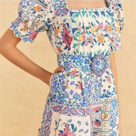FARM Rio Romantic Bandanas Puff-Sleeve Belted Romper – Size L – NWOT - Picture 3 of 16